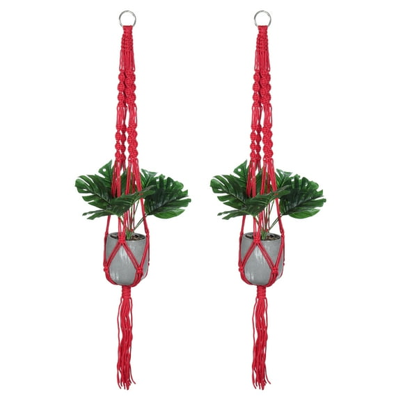 Uxcell Macrame Plant Hangers Indoors, Hanging Plant Shelf with Sturdy Wood Base for Hanging Wall Ceiling Window, Red 2 Pack