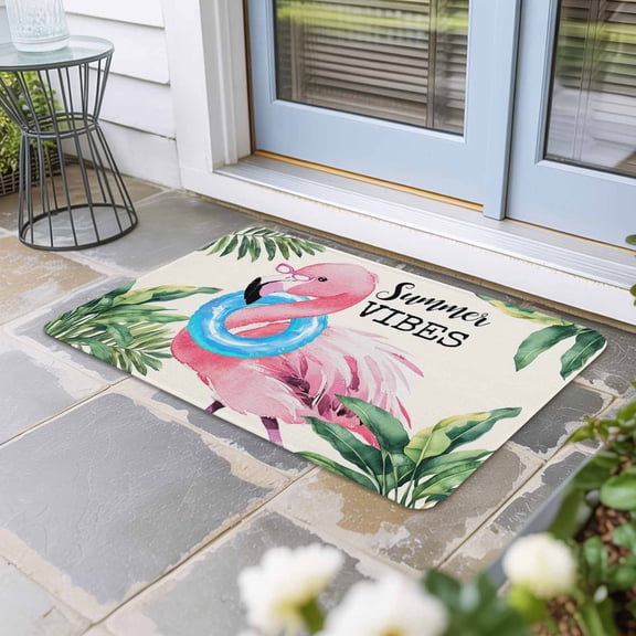 Summer Pink Flamingo Door Mat Indoor Outdoor, Beach Tropical Palm Leaves Non Slip Welcome Mat with Rubber Backing, Absorbent Fabric Front Door Mats Entryway Rug for Home Patio Entrance 16"x24"