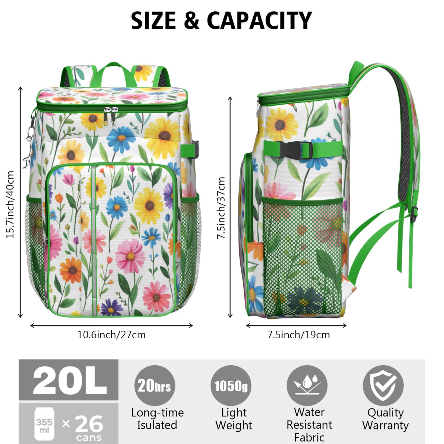 Travel Cooler Bag - Pioneer Flower Floral Print Pattern Camping Beer Cooler Backpack with Bottle Opener- Waterproof Insulated Picnic Backpacks - Cooler Bag for Beach