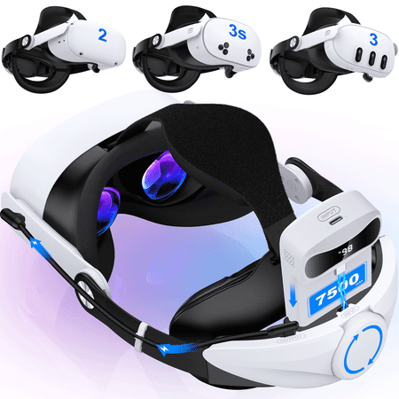 QQV Battery Head Strap for Oculus Meta Quest 3/Quest 3S/Quest 2 Head Strap with Battery Pack 7500mAh Extend 2-3H Playtime, VR Headset Strap for Oculus Accessories