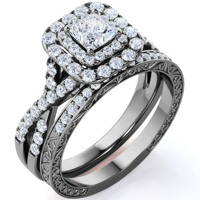 Anillo de bodas JeenMata de moissanita cuadrada de 1,25 ct con doble halo trenzado y pavé gótico de inspiración vintage, chapado en oro negro