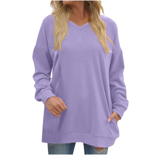 Yuyuzo Womens Sweatshirts Tops V Neck Long Sleeve Straight Line Pullover Fall Casual Sweatshirt Solid Color