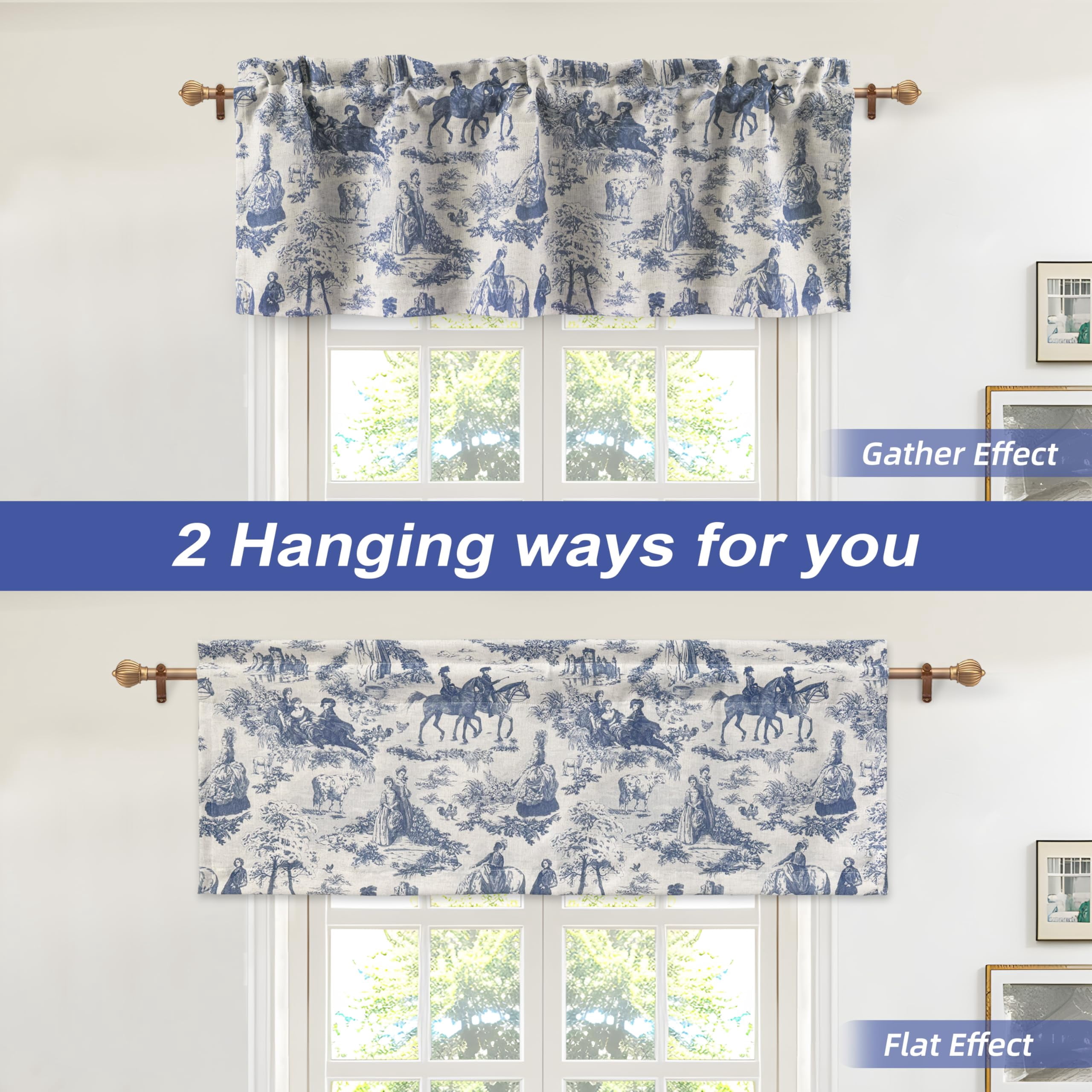 DriftAway Toile Linen Lined Valance Double Layer Thermal Room Darkening Blackout Window Valance Curtain for Kitchen Bathroom Farmhouse French Country Vintage Printed Pattern Single 52 x 18 Inch Navy