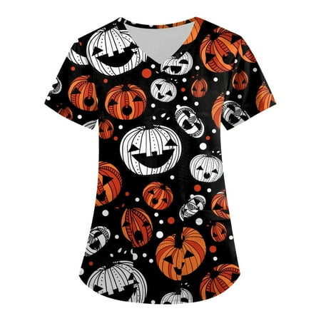 

Sksloeg Sksloeg Scrub Tops Women Plus Size Pumpkin Witch Hat Print Top Short Sleeve V-Neck Shirts Tee Tops with Pockets Nursing Working Uniform Black 4XL