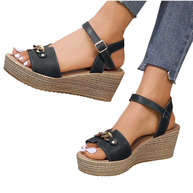 Platform Sandals Women Wedge Open Toe Adjustable Strap Non Slip Casual Wedge Sandals Black