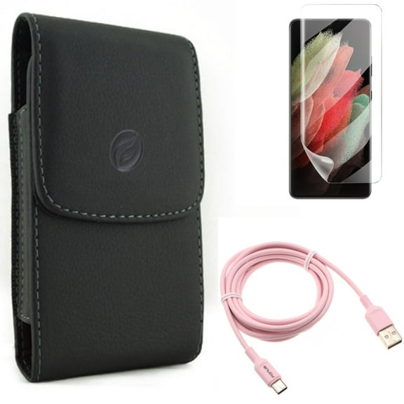 Matte Screen Protector & 6ft USB-C Cable & Case Belt Clip for Samsung Galaxy S21 Ultra Phone - TPU Film Anti-Glare & Pink Charger Cord & Leather Holster Accessory Bundle