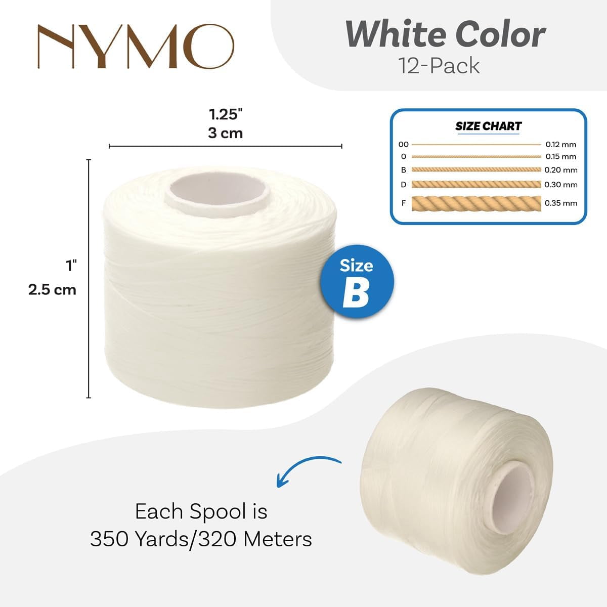 The Beadsmith Nymo Thread – 12-Pack White Color – Size B, .20mm Diameter, 350 Yard/320 Meter Large Spool – Made of Nylon – Bead Embroidery & Weaving, Off Loom & Loom Work and DIY Craft Projects