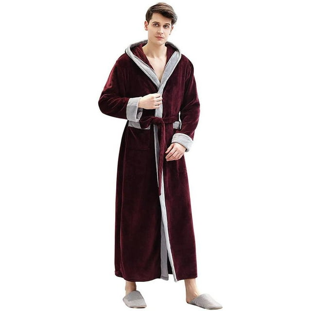 Artfasion Mens Long Bathrobe with Hood Warm Soft Shawl Collar Plush Spa Robe