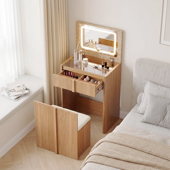 3 in 1 Vanity Desk with Flip Top Lighted Mirror, 23.6" Compact Makeup Table Set with Storage Stool, Glass Top Small Vanity for Bedroom, Brown