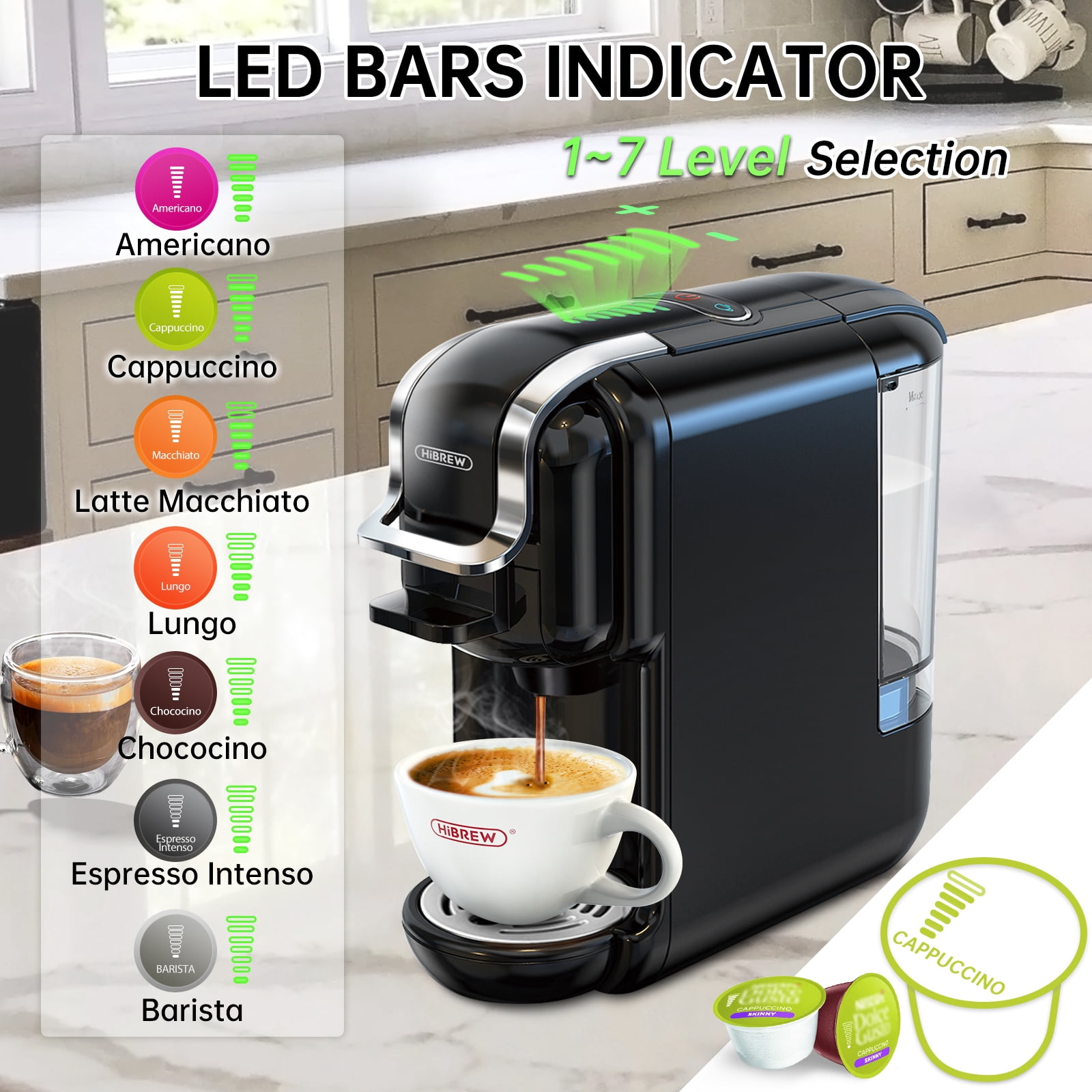 HiBREW 5-in-1 Expresso Machines for Home, Compact Coffee Machine for Pods, Capsules & Espresso Powder H2B