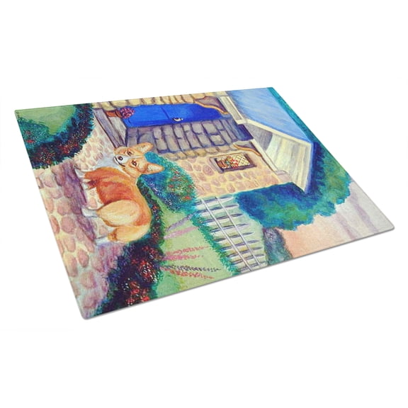 Carolines Treasures 7169LCB Corgi at the Cottage Glass Cutting Board Large 12H x 16W multicolor