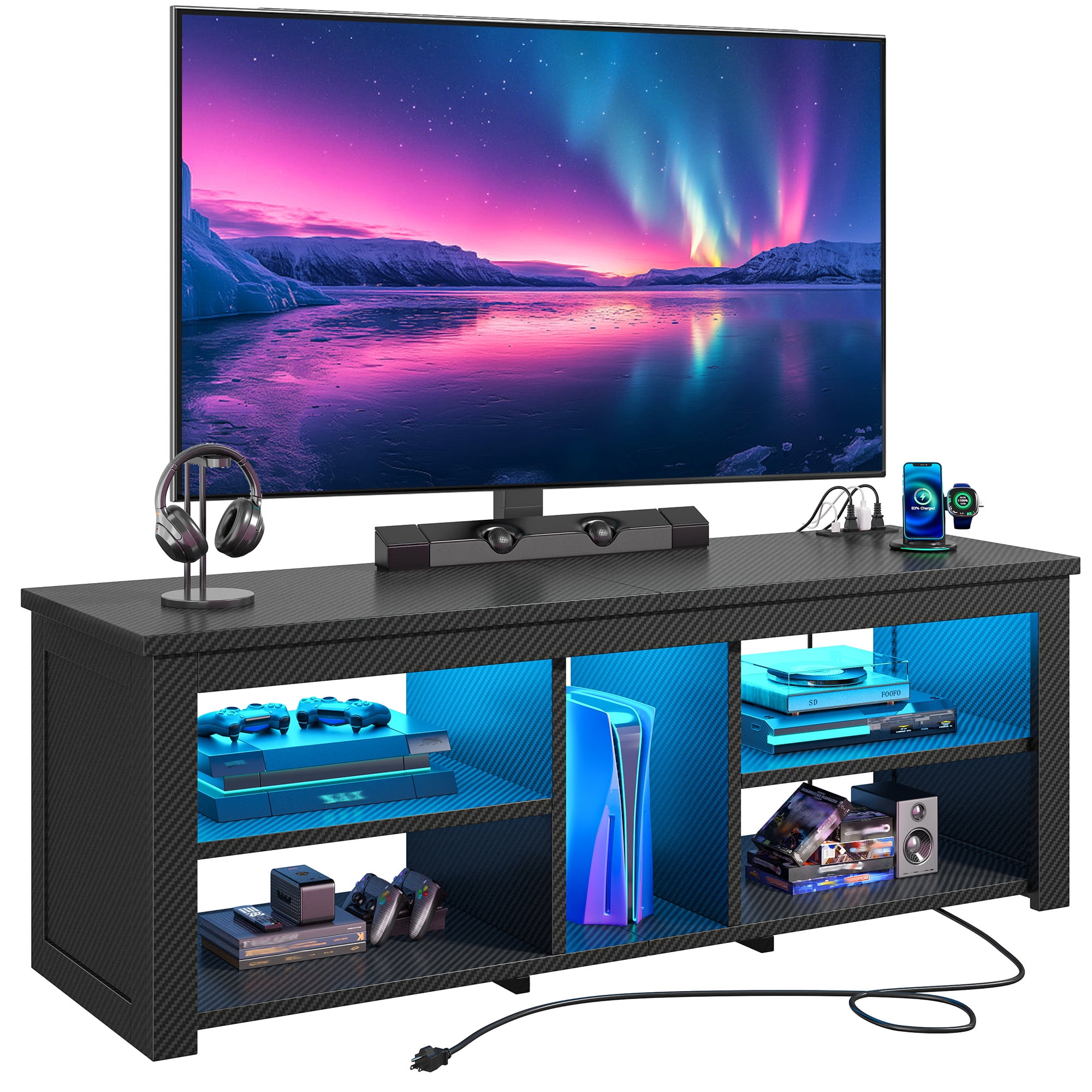 Romorgniz TV Stand with Mount & LED Lights for 70 inch TVs, Swivel Entertainment Center with Power Outlet, Carbon Fiber Black