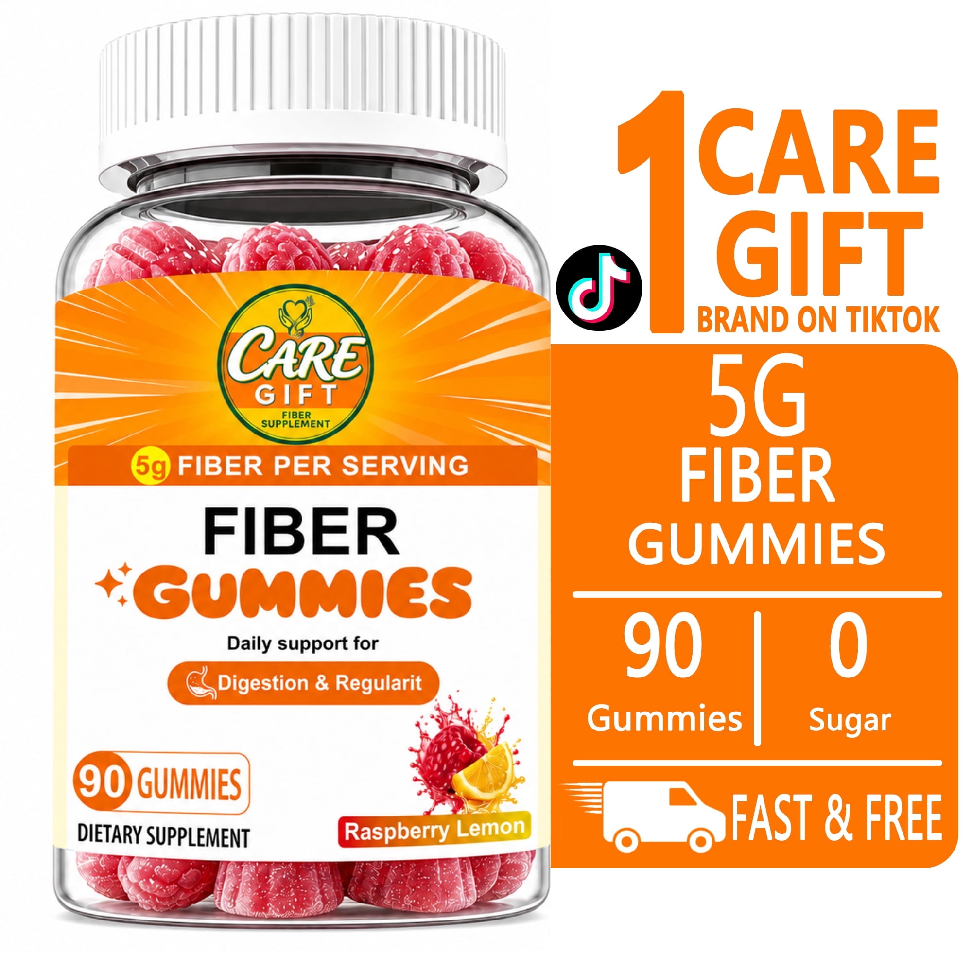 CARE GIFT Fiber Gummies Sugar Free, Vegan Digestive Health & Regularity Supplement for Men & Women, Raspberry Lemon Flavor, 90 Count