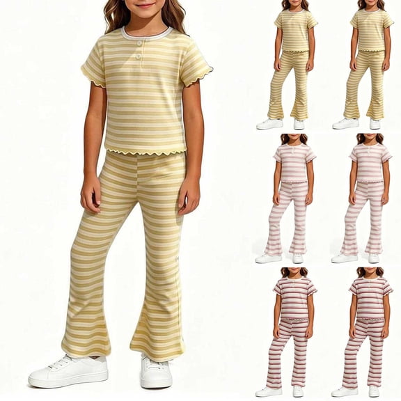 Lumosvexa Girls Summer Outfits 2 Piece, Short Sleeve Knitted Top and Flare Pant Striped Print Fall Soft Breathable Home Sets Yellow 10-12