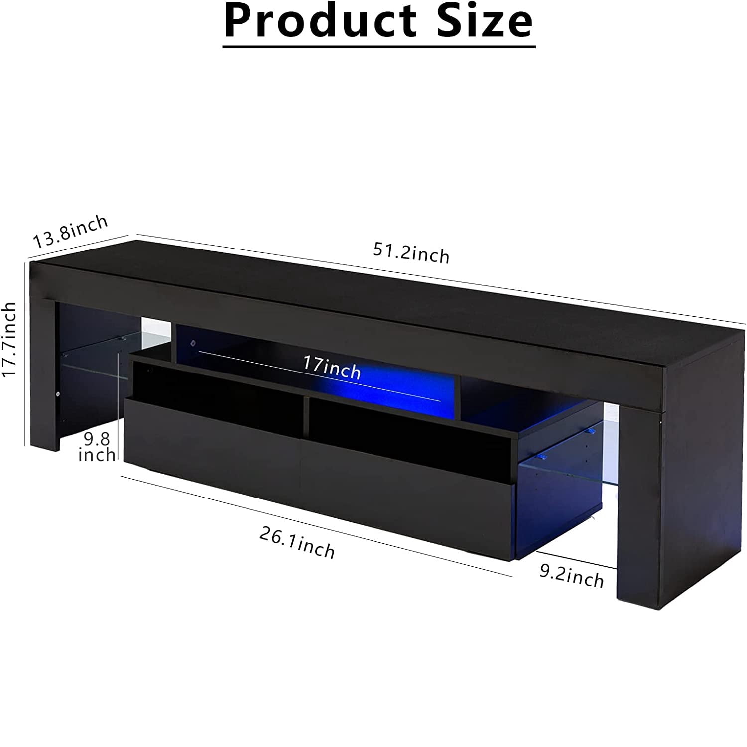 PWFE LED Light TV Stand for 55/60/65 inch TV, Modern Gloss Entertainment Center with Drawer and Glass Open Shelf, TV Console Table for Living Room, Black