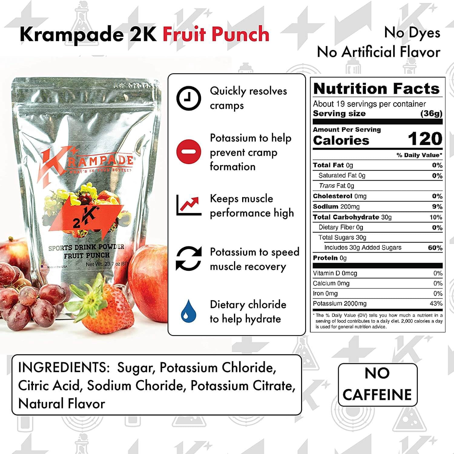 Krampade High Potassium Electrolytes Powder Fruit Punch Cramp Relief Cellular Hydration Endurance Recovery 20 Count Single Hydration Packets