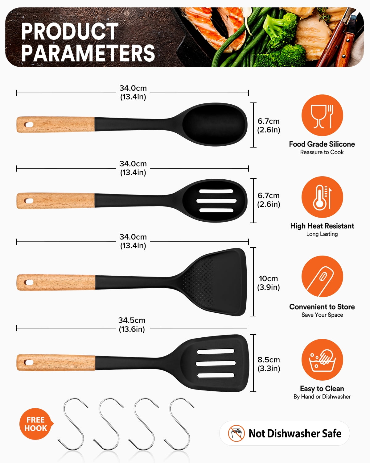 Badiano 4 Pack Wood Handle Silicone Kitchen Cooking Utensils Set for Nonstick Cookware Surface,Black
