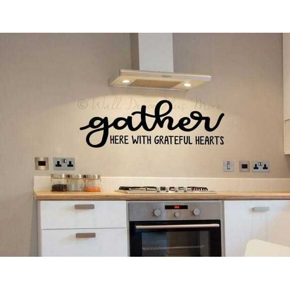 Gather Here With Grateful Hearts Kitchen Wall Decal Sticker Quote Vinyl Lettering 33x11-Inch Black