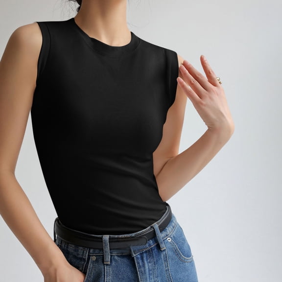 Nfurl Womens Cotton Tank Tops Fitted Solid Color High Neck Tank Top Business Casual Sleeveless Blouses Summer Ladies Sleeveless Tops Black,M