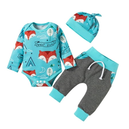 

QWERTYU Newborn Infant Baby Toddler Girl Boy 3PCS Bodysuit and Pants Set Clothing Set Cartoon Animal Outfit Long Sleeve with Hat Blue