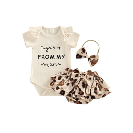 

Suanret Newborn Infant Girl Short Pants Outfits Short Sleeve Letter Printed Ruffles Decor Romper Leopard Shorts Bow-Knot Headband Set Apricot 9-12 Months