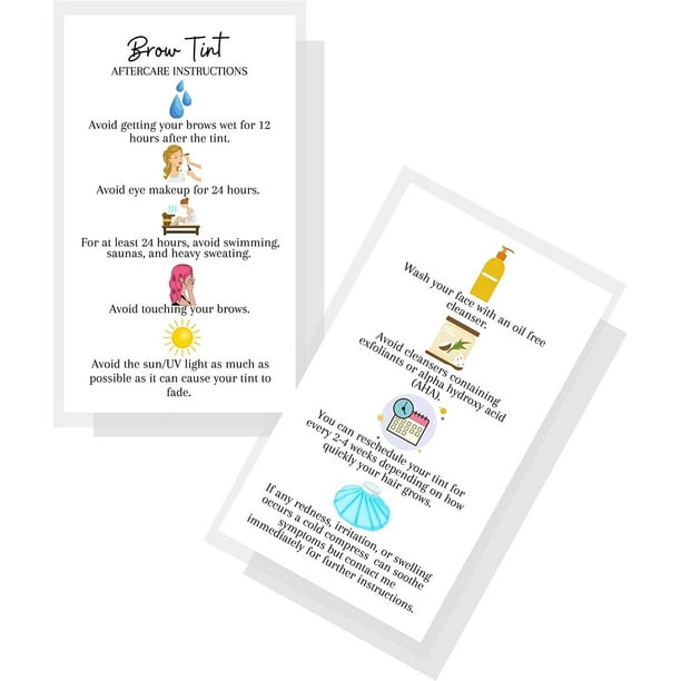 Brow Tint Aftercare Instruction Cards 50 Pack Physical Printed 2 x 3.5