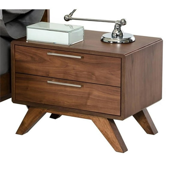 Maklaine Modern Wood and Stainless Steel Bedroom Nightstand in Walnut