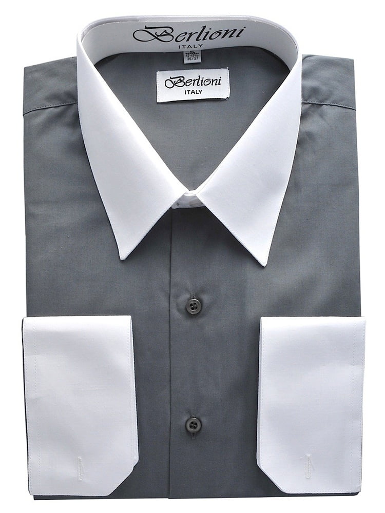 Berlioni Italy White Collar & Cuffs Mens Two Tone Dress Shirt 19 Colors