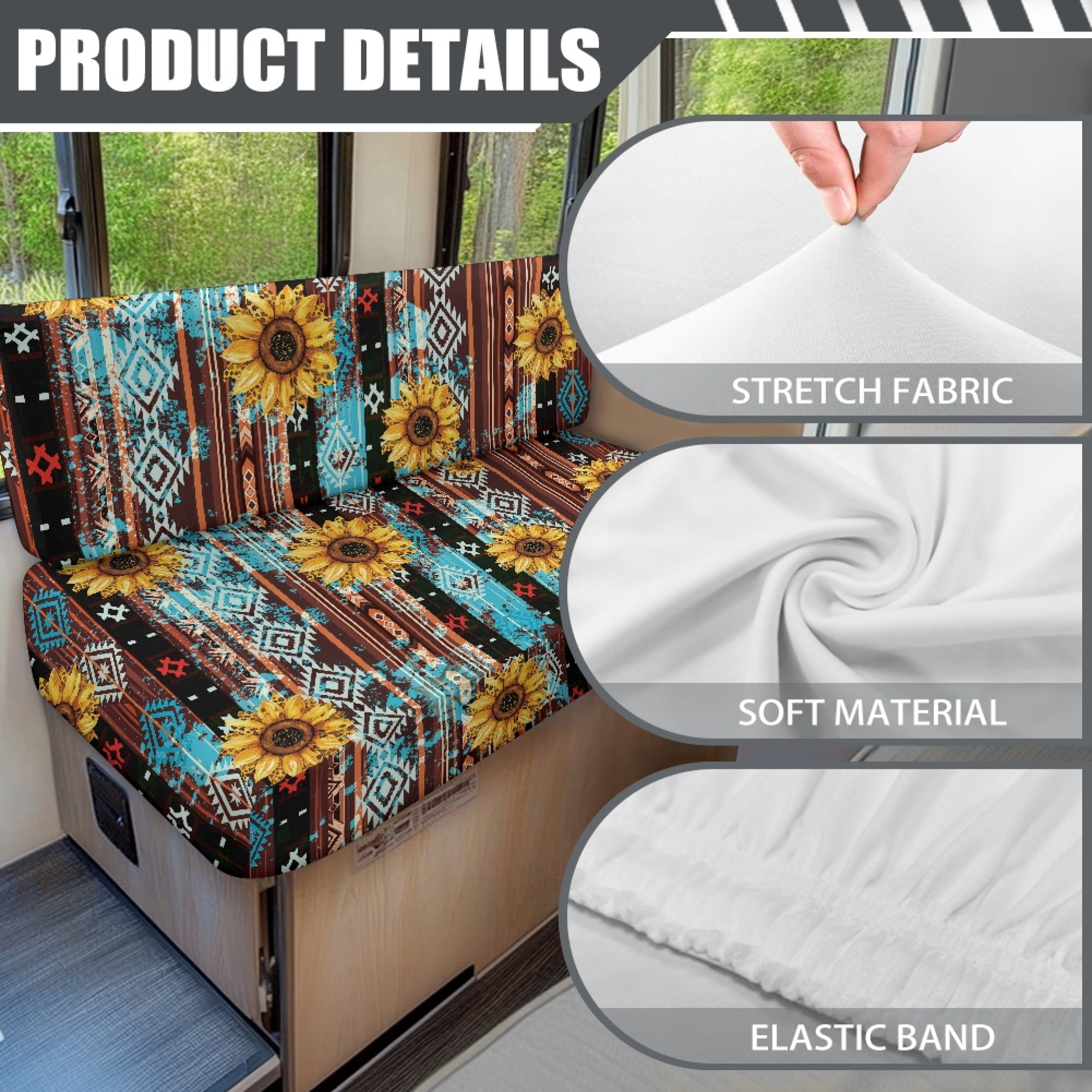 Yuyamidu Aztec RV Dinette Cushion Covers 2 Pack Sunflower RV Dinette Cushion Slipcover Elastic RV Dinette Seat Covers Breathable Camper Couch Covers Protector