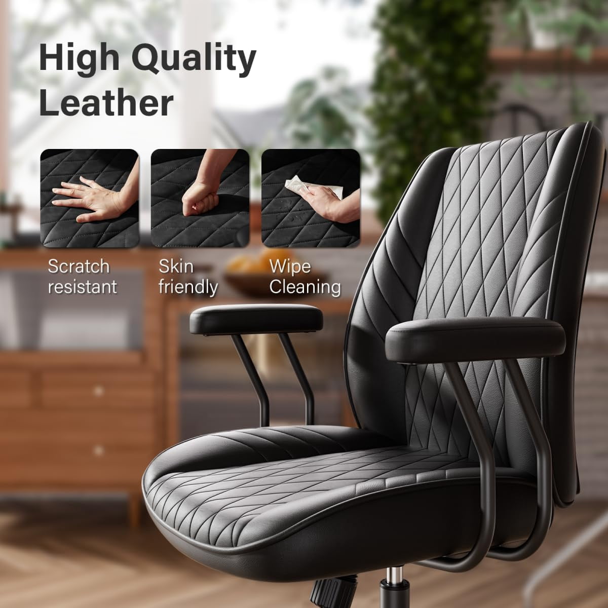 Genpo Black Leather Office Chair with Wheels Rubber Casters, Padded Arms and Adjustable Height, Mid Century Modern Style Vintage Desk Chair
