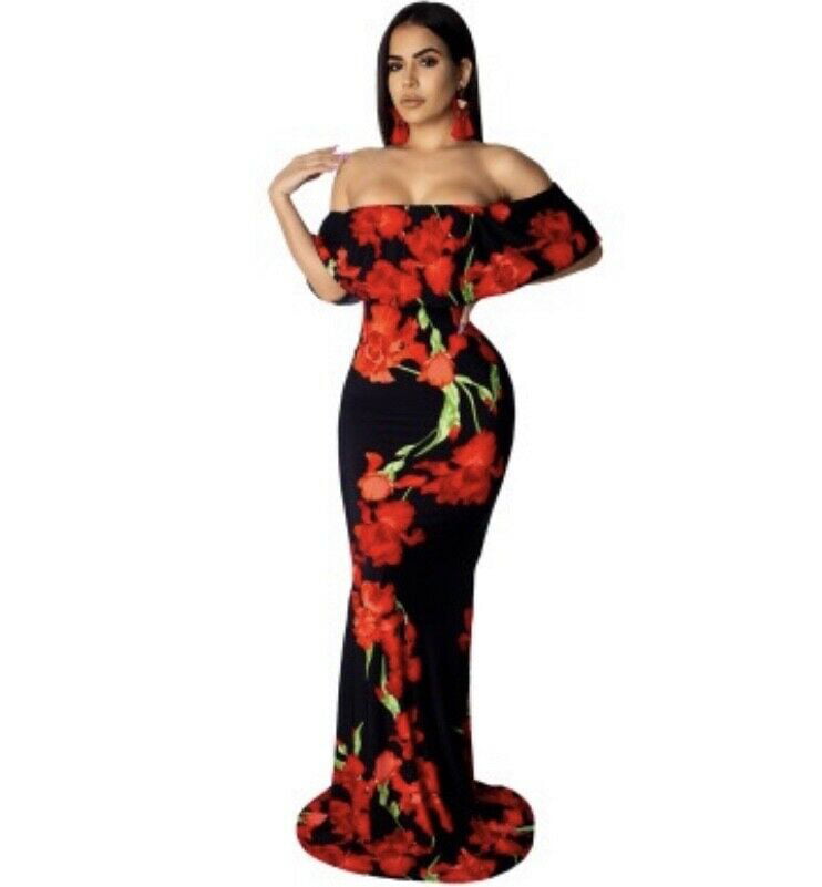 Womens Off Shoulder Dress Hawaiian Floral Evening Gown Long Maxi Dress