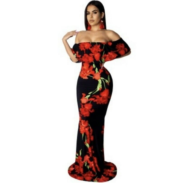 Women's off shoulder dress Hawaiian boho floral evening gown long maxi dress  - Walmart.com