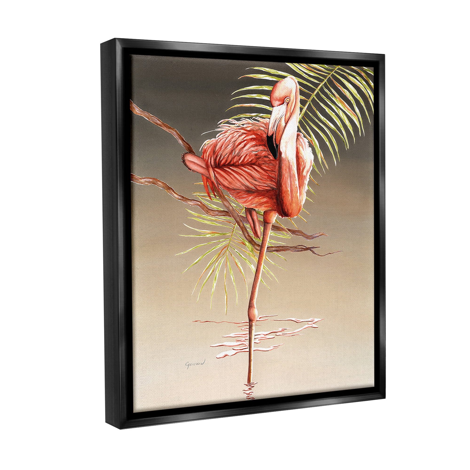Stupell Industries Flamingo Balancing with Leaf Animals & Insects Painting Black Floater Framed Canvas Art Print Wall Art, 17 x 21