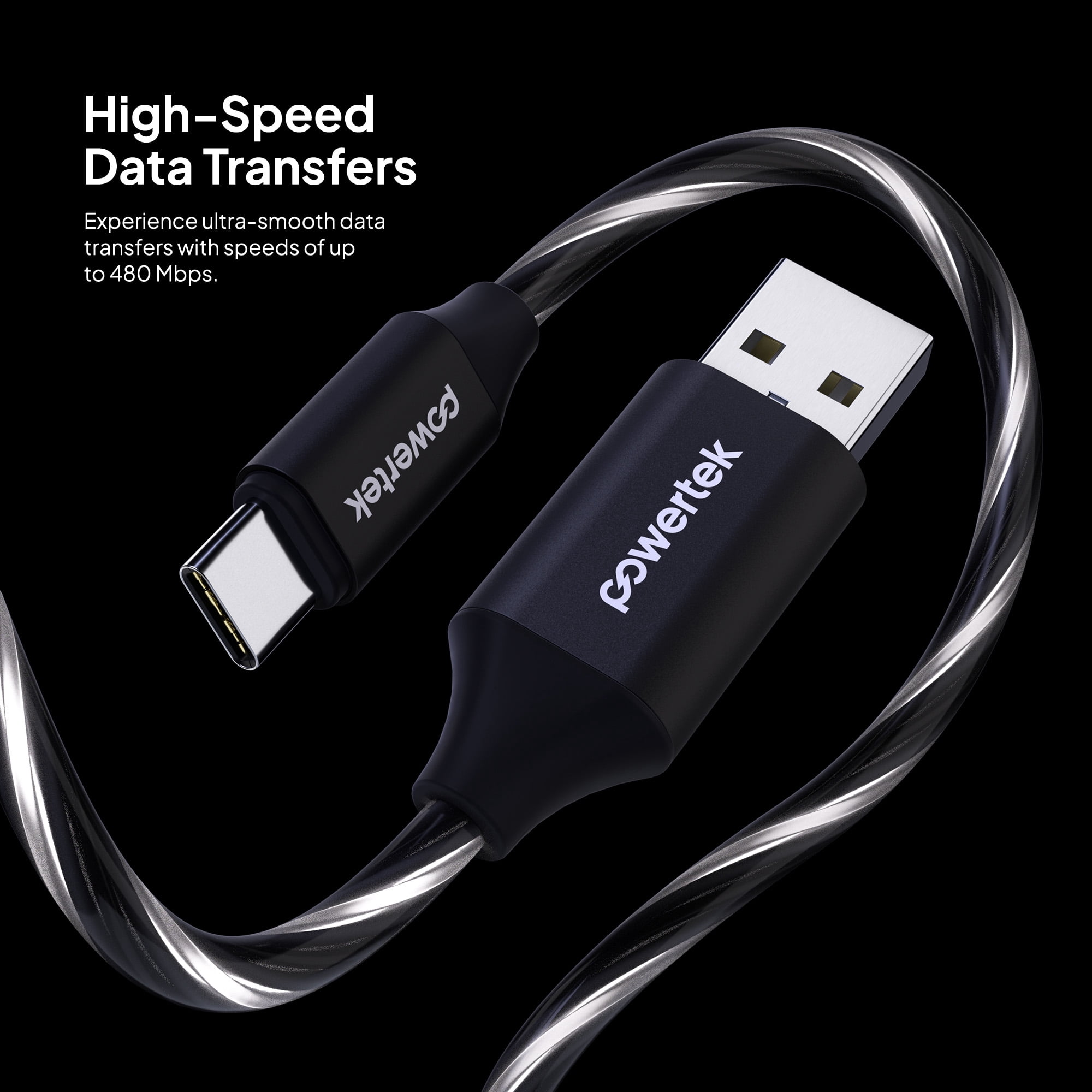 Powertek Light-Up USB-A to USB-C Charging Cable, 5 ft, Black