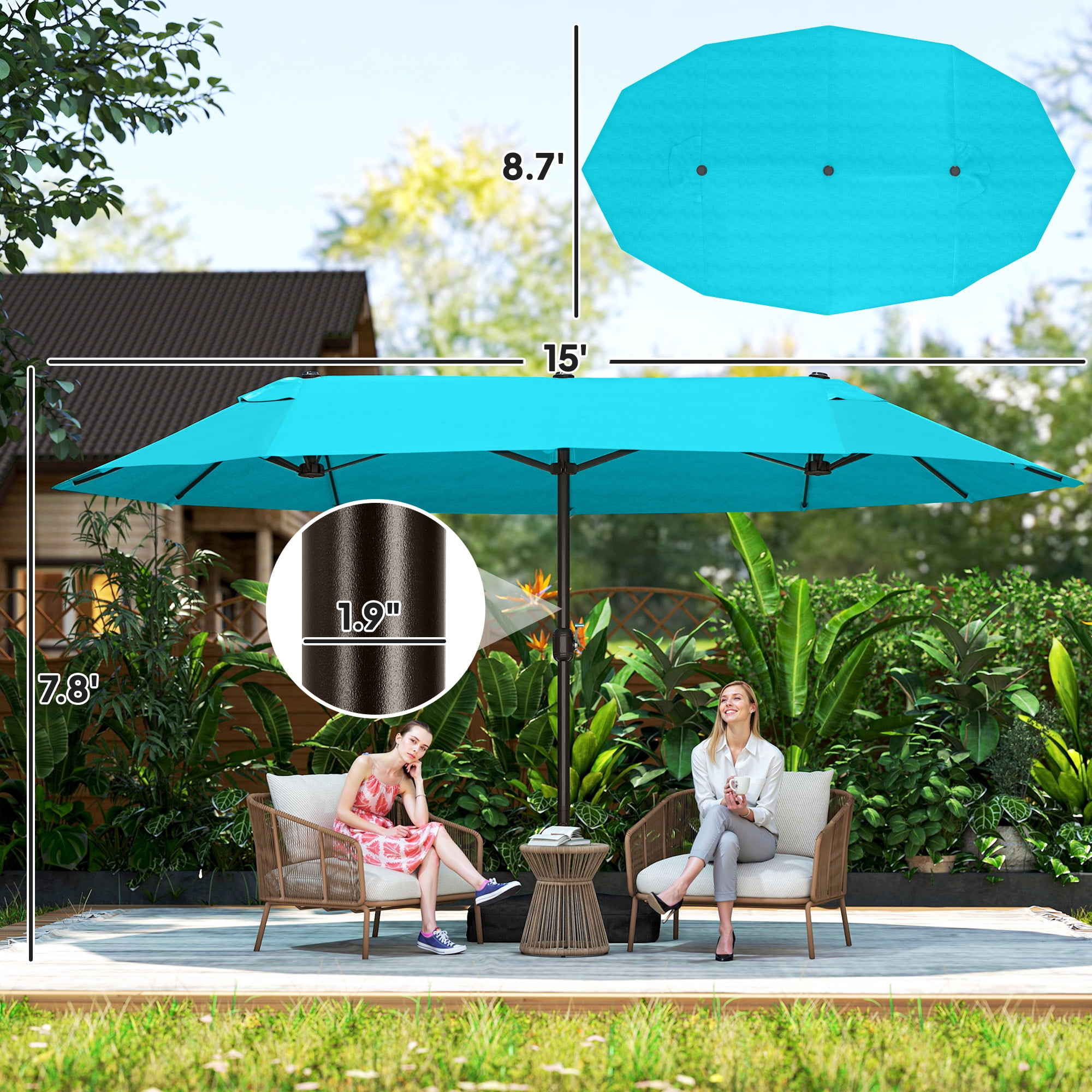 Outsunny Patio Umbrella 15' Steel Rectangular Outdoor Double Sided Market with Base, Sun Protection & Easy Crank for Deck Pool Patio, Blue
