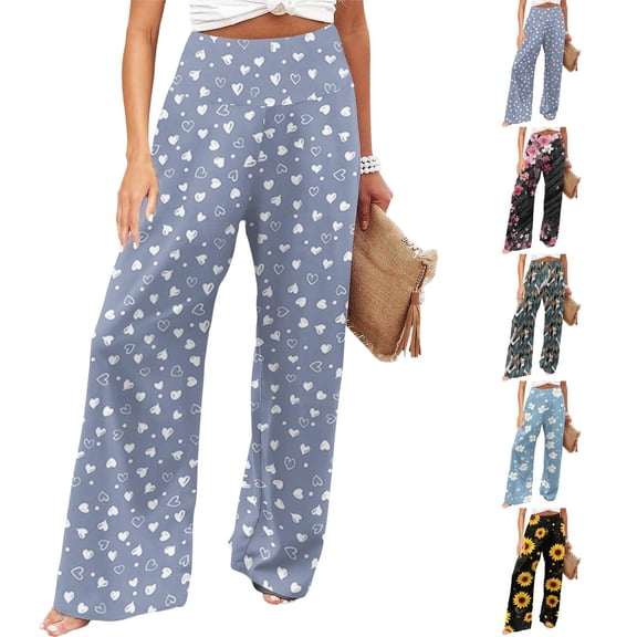 Wide Leg Pants for Women Flowy Printed High Waisted Palazzo Pants Summer Beach Casual Trousers Vacation Clothes with Pockets