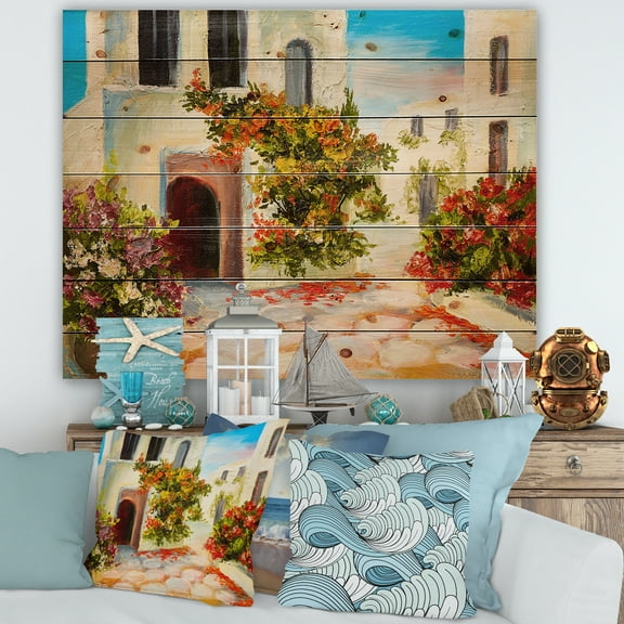 Designart 'The Mountain With Flowers With Little House I' Nautical & Coastal Print on Natural Pine Wood