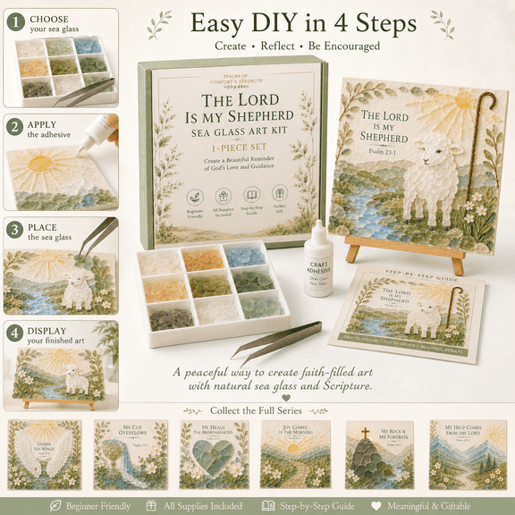 Psalms of Comfort & Strength Sea Glass Art Kit, DIY Sea Glass Mosaic Kit for Adults with Christian Bible Verse Artwork, Glass Pieces, Adhesive, Tweezers, Guide and Display Easel