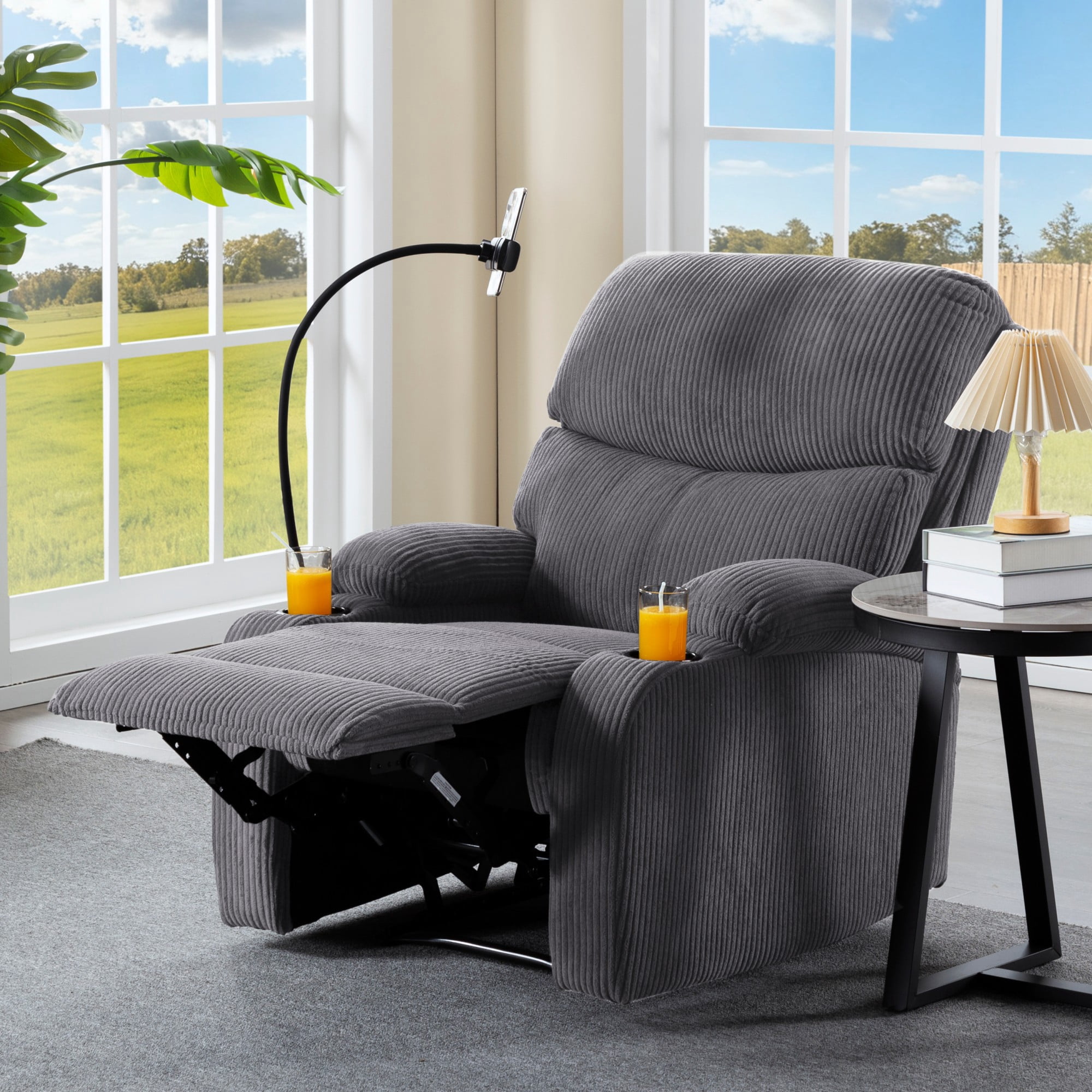 Gewnee Light Grey Corduroy Manual Push Back Recliner Chair,Recliner Armchair with Phone Holder & Cup Holders,Single Sofa for Home,Office.