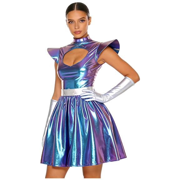 iiniim Womens Metallic Shiny Space Suit Flight Skater Dress with Gloves Outfit Alien Robot Blue M