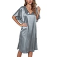 thumbnail image 2 of Summer Women Satin Night Dress Solid Color V Neck Short Sleeve Nightgowns Sleep Dress Sleepwear Pajamas Nightdress Loungewear, 2 of 5