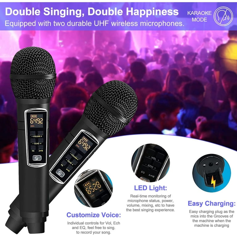 Micro Karaoke, ALPOWL Karaoke Adulte Portable pa Speaker System avec  Microphone Karaoke 2 Microphone sans Fil pour Réunion de Famill