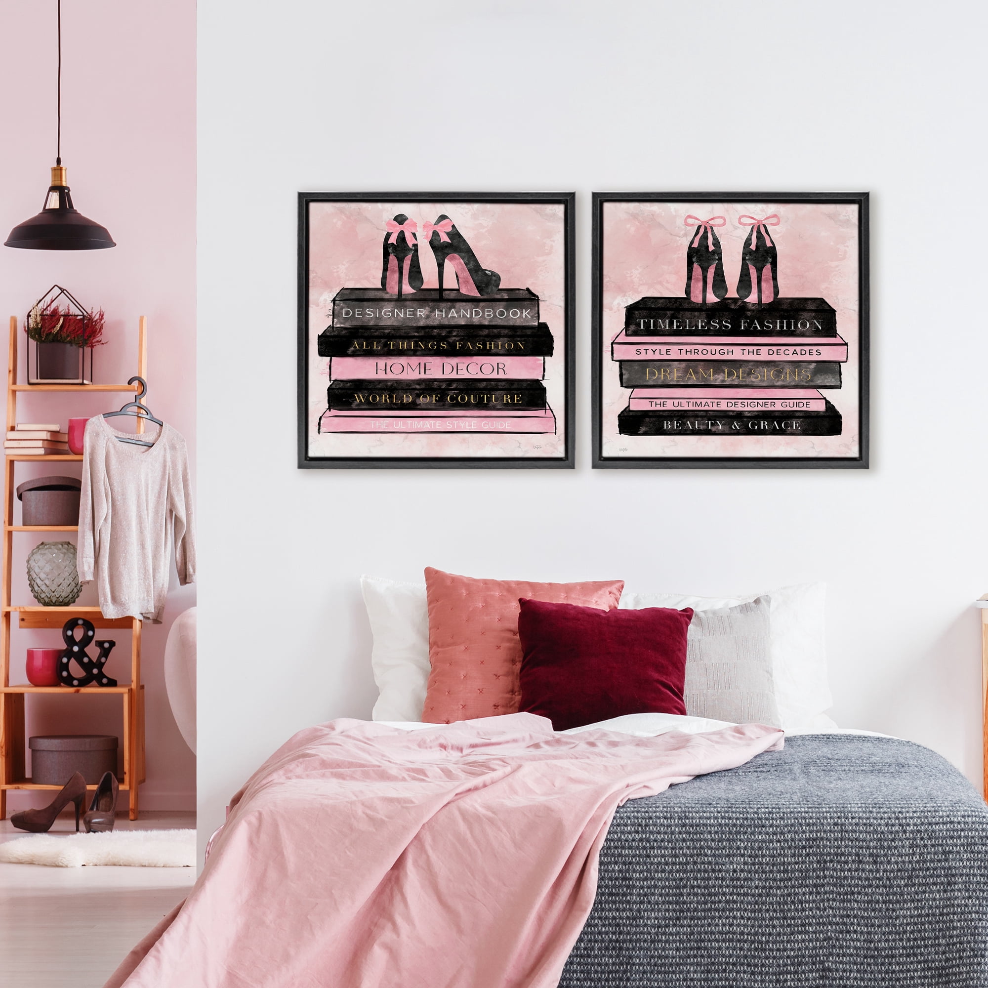 Stupell Industries Pink Heels Atop Books 2 Piece Black Framed Floater Canvas Set, design by Natalie Carpentieri