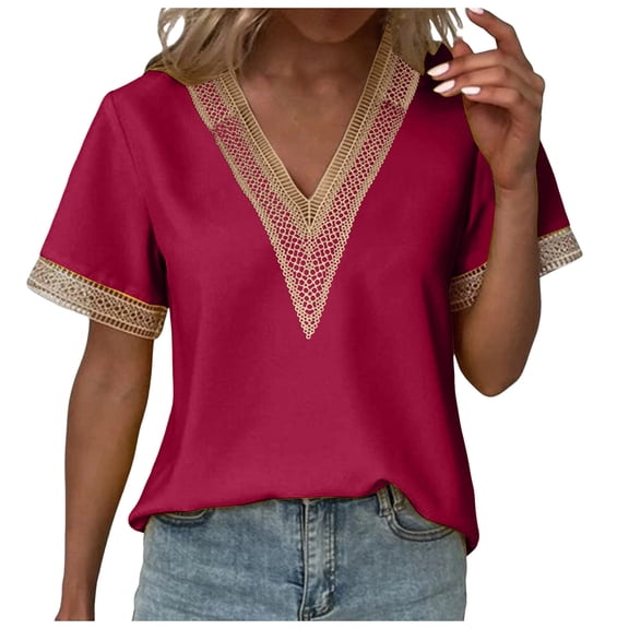 Women's Summer V Neck Lace T-Shirt Casual Loose Fit Soft Comfortable Fashion Top Breathable Lightweight Stylish Tee