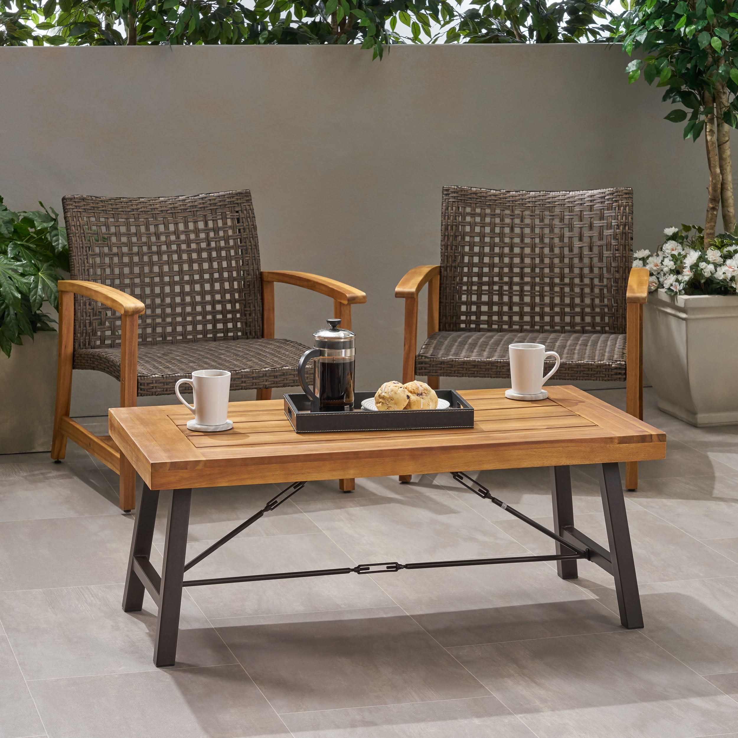 Outdoor Acacia Wood Coffee Table with Slatted Top and Black Metal Frame, 45.75-Inch Patio Table for Garden and Deck, Brown