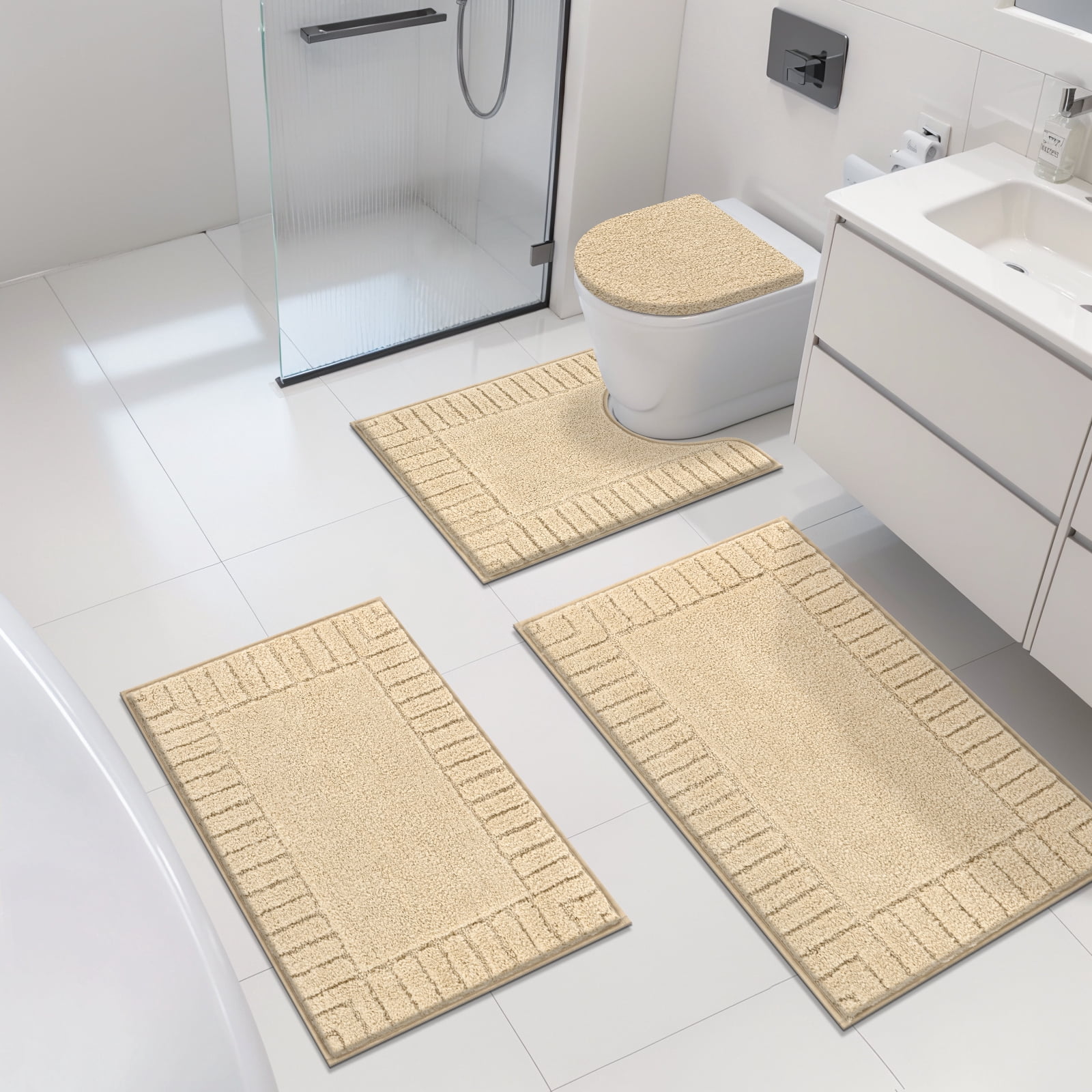 MeyJey Bathroom Rugs Set of 4 Piece, Bath Mats, Microfiber Non Slip Shaggy Ultra Soft Bathroom Runner with U Shaped Contour Toilet Mat for Bathroom, Shower Inside Floor, Beige