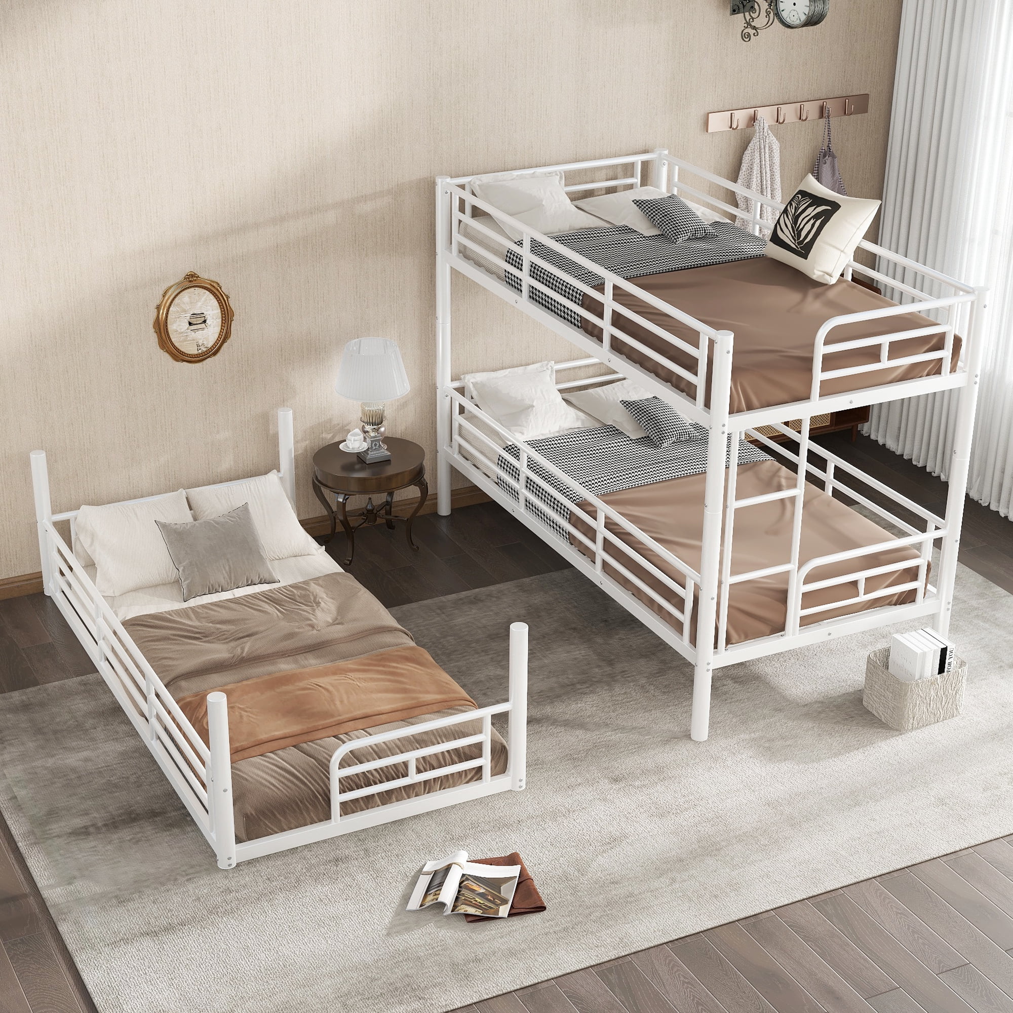 Leumius Twin over Twin over Twin Bunk Bed,Metal Triple Bunk Bed for 3 Kids/Teens,Heavy Duty Triple Bed with Guardrail and Ladder,Separates Into 3 Twin Beds,White