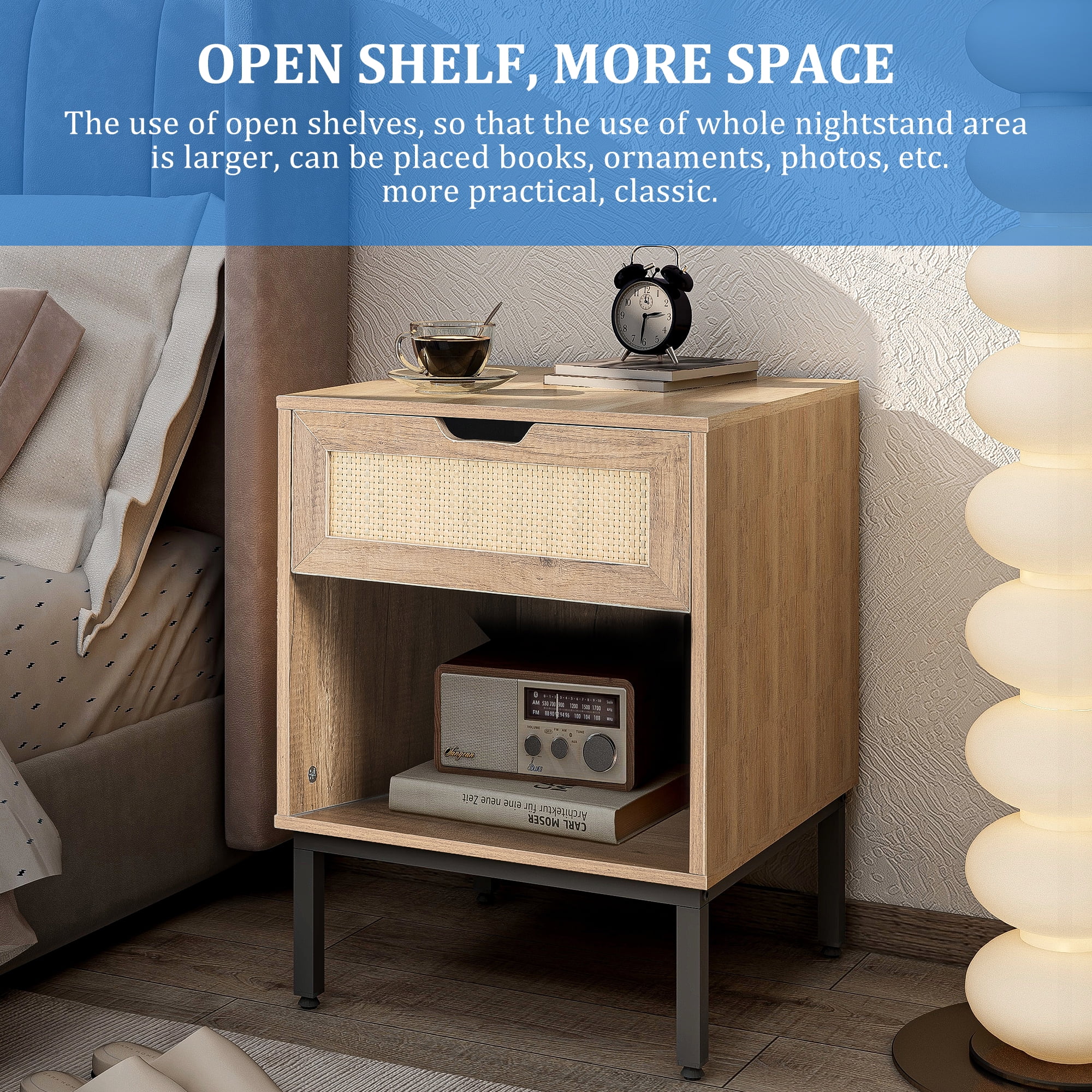 Kadyn Rattan Nightstand, Natural Bedside Table with Drawers and Open Shelves for Bedroom Kadyn Rattan Nightstand, Natural Bedside Table with Drawers and Open Shelves for Bedroom