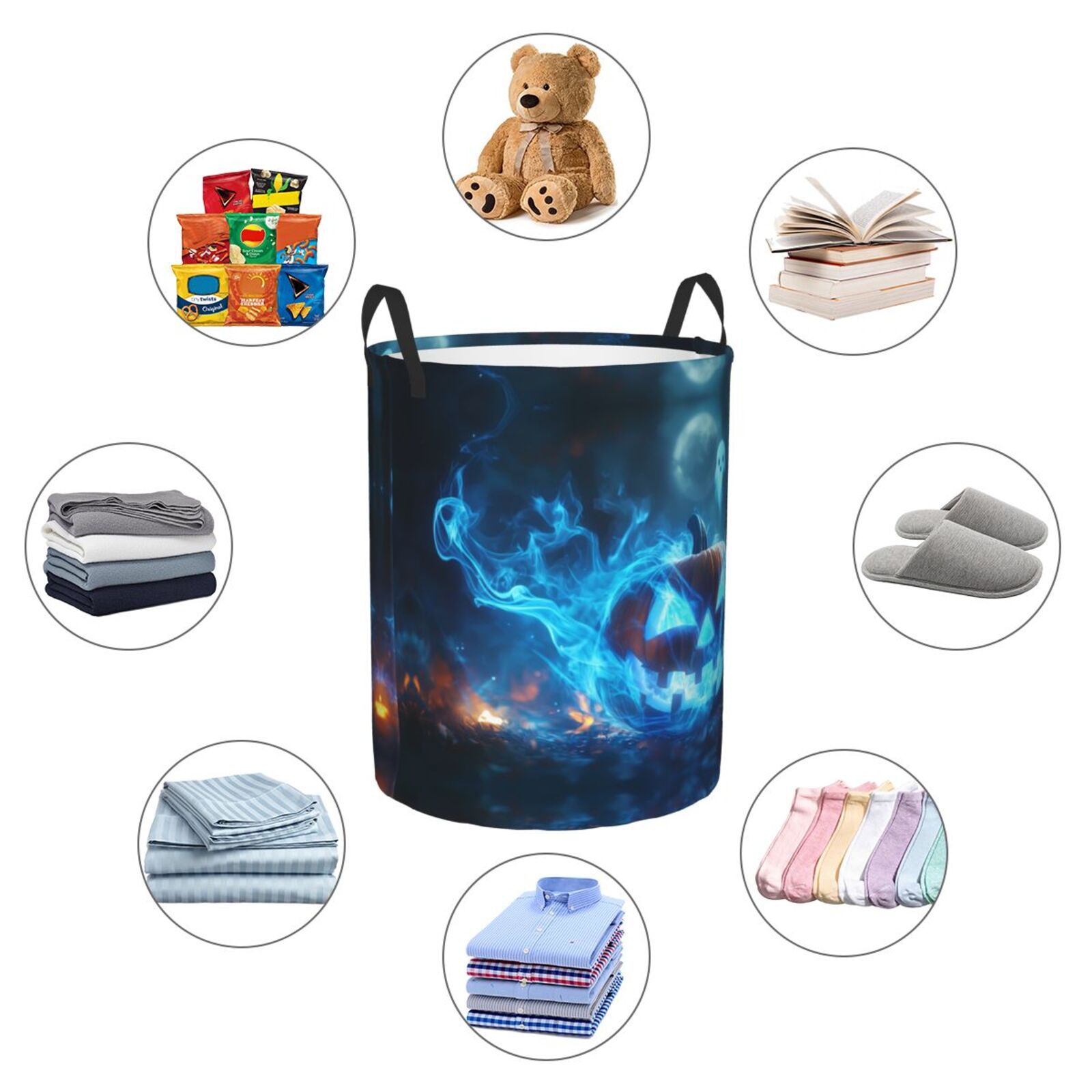 Large Laundry Basket with Handles - Halloween Blue Flame Pumpkin Ghost Kids Baby Dirty Clothes Laundry Hamper for Bedroom Aesthetic