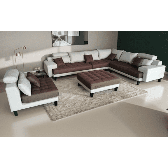 Stendmar  L Shape U Shape Reversible Cream /Brown  Modern  Line Fabric Sectional Couch Sofa Set S150DNE